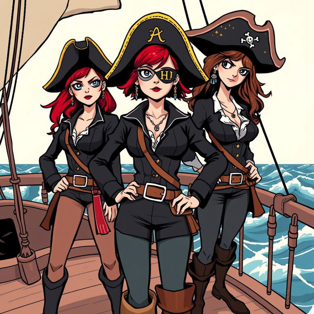 Three fierce female pirates standing confidently on the deck of a ship at sea, illustrated in a modern comic style reminiscent of Chris Ware