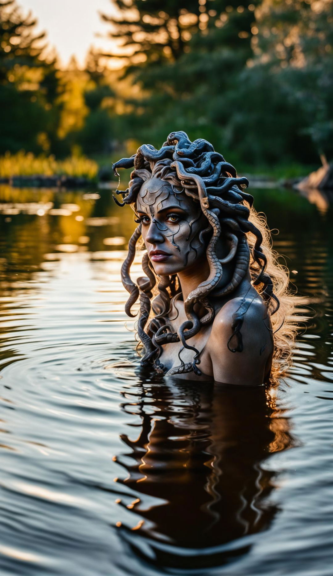 Medusa with a symmetrical face and detailed eyes, not fully turned to stone, gazing at her rippled reflection in a tranquil lake during golden hour