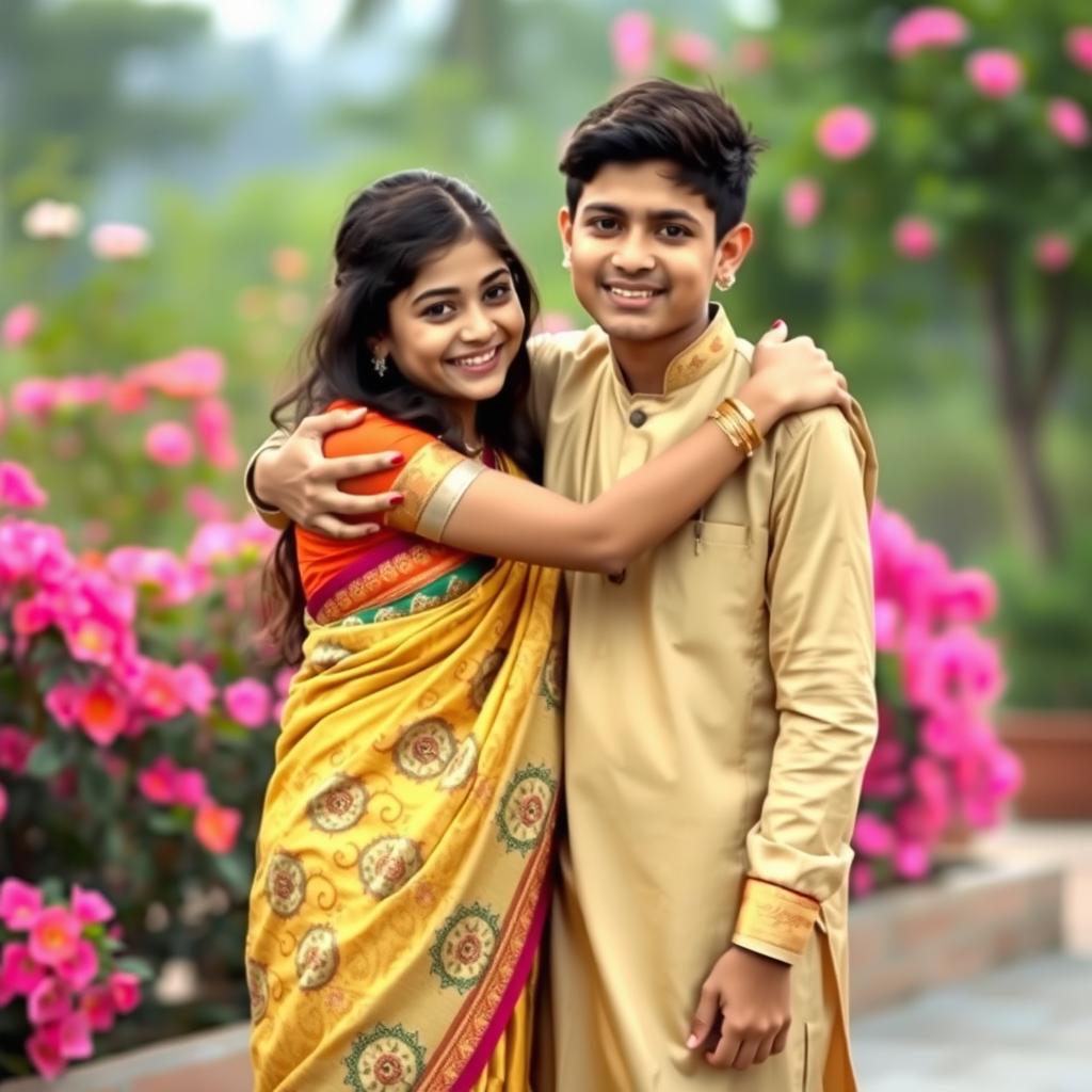 A heartwarming scene featuring two best friends, a 21-year-old boy and girl, sharing a lovely hug