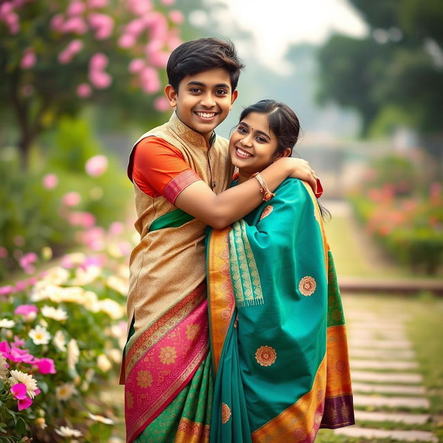 A heartwarming scene featuring two best friends, a 21-year-old boy and girl, sharing a lovely hug