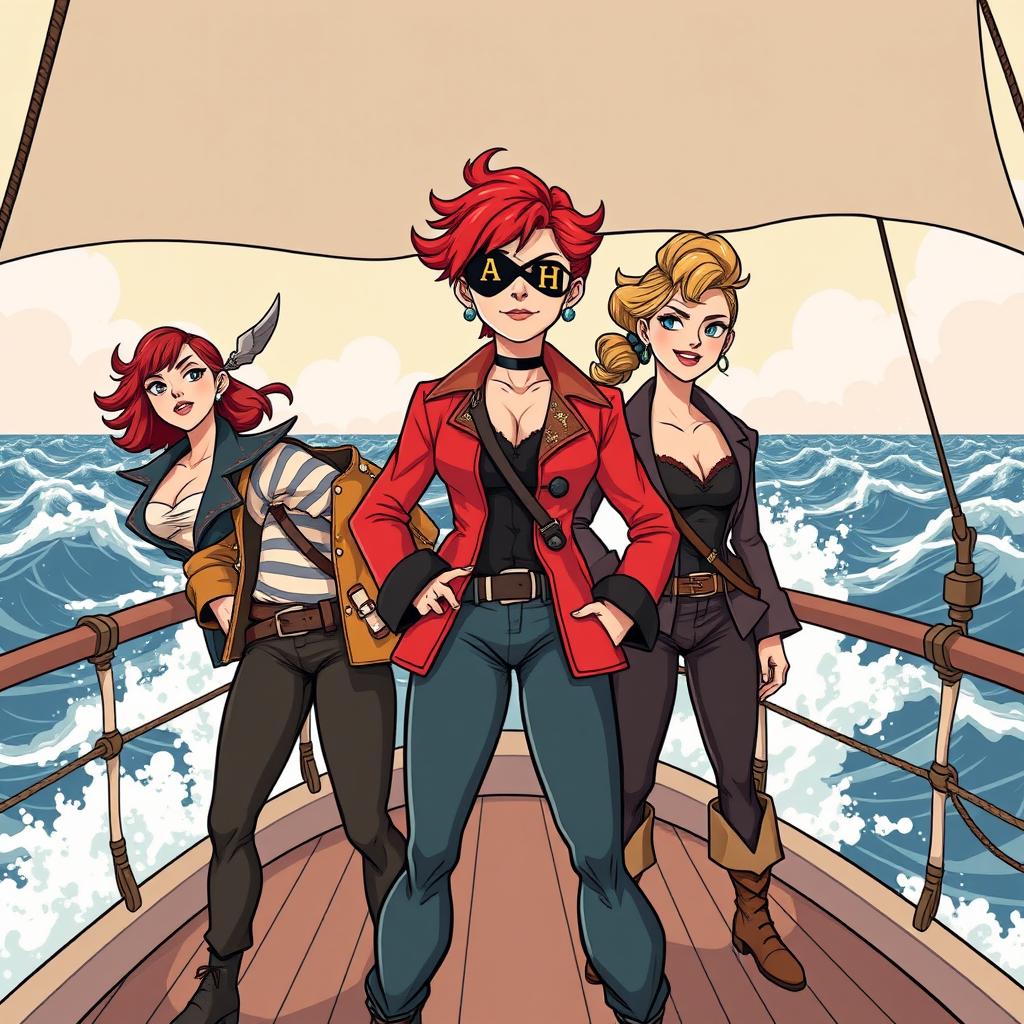 Three fierce female pirates standing boldly on the deck of a ship at sea, illustrated in a modern comic style reminiscent of Chris Ware