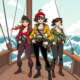 Three fierce female pirates standing boldly on the deck of a ship at sea, illustrated in a modern comic style reminiscent of Chris Ware