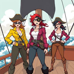 Three fierce female pirates standing boldly on the deck of a ship at sea, illustrated in a modern comic style reminiscent of Chris Ware