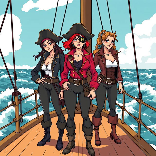 Three fierce female pirates standing boldly on the deck of a ship at sea, illustrated in a modern comic style reminiscent of Chris Ware