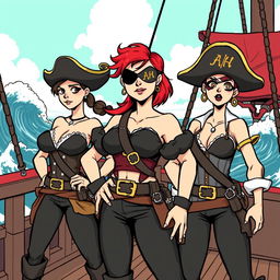 Three fierce female pirates standing proudly on the deck of a ship at sea, fully clothed in stylish pirate attire that showcases their strength and individuality