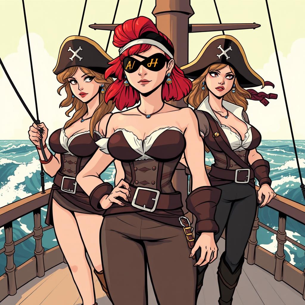 Three fierce female pirates standing proudly on the deck of a ship at sea, fully clothed in stylish pirate attire that showcases their strength and individuality