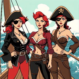 Three fierce female pirates standing proudly on the deck of a ship at sea, fully clothed in stylish pirate attire that showcases their strength and individuality