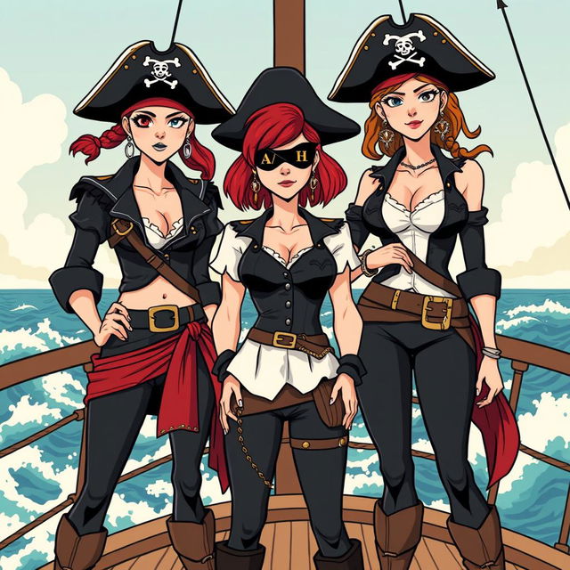 Three fierce female pirates standing proudly on the deck of a ship at sea, fully clothed in stylish pirate attire that showcases their strength and individuality