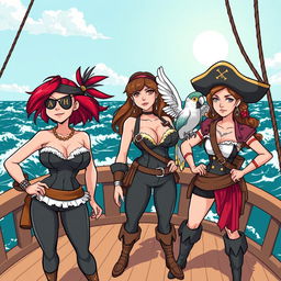 Three fierce female pirates standing boldly on the deck of a ship at sea, fully clothed in stylish pirate attire that conveys their adventurous spirits