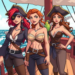 Three fierce female pirates standing boldly on the deck of a ship at sea, fully clothed in stylish pirate attire that conveys their adventurous spirits