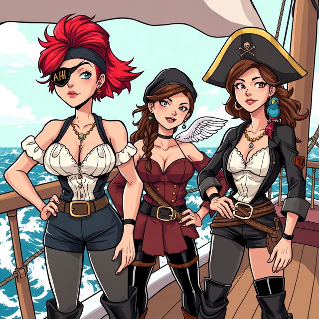 Three fierce female pirates standing boldly on the deck of a ship at sea, fully clothed in stylish pirate attire that conveys their adventurous spirits