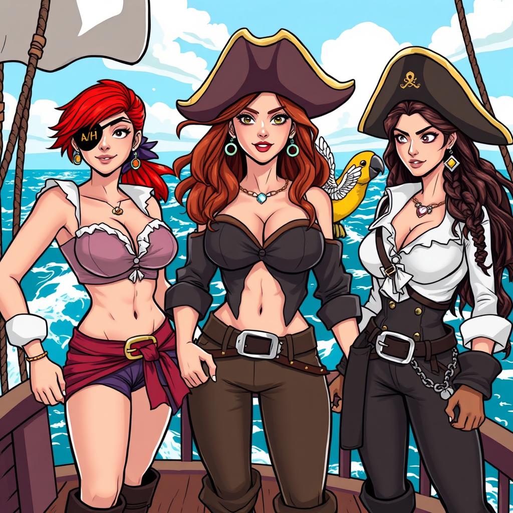 Three fierce female pirates standing boldly on the deck of a ship at sea, fully clothed in stylish pirate attire that conveys their adventurous spirits