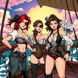 Three fierce female pirates standing confidently on the deck of a ship at sea, fully clothed in detailed pirate attire that reflects their bold personalities