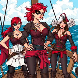Three fierce female pirates standing confidently on the deck of a ship at sea, fully clothed in detailed pirate attire that reflects their bold personalities