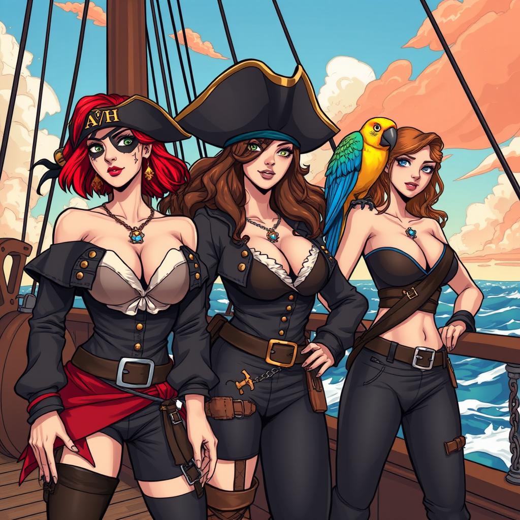 Three fierce female pirates standing confidently on the deck of a ship at sea, fully clothed in detailed pirate attire that reflects their bold personalities