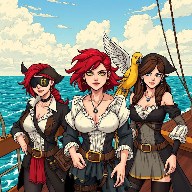 Three fierce female pirates standing confidently on the deck of a ship at sea, fully clothed in detailed pirate attire that reflects their bold personalities