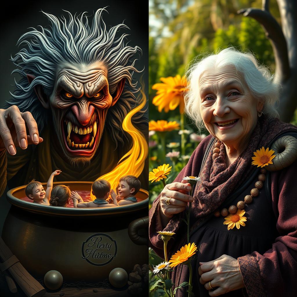 A split image featuring two contrasting scenes of an old woman