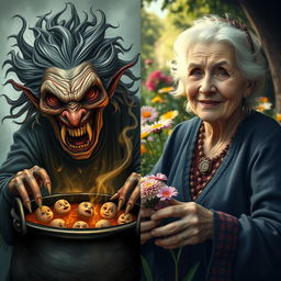 A split image featuring two contrasting scenes of an old woman