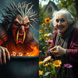 A split image featuring two contrasting scenes of an old woman