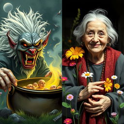 A split image featuring two contrasting scenes of an old woman