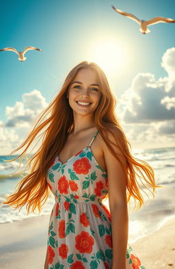 A breathtaking high-definition portrait of a charming young woman with long, flowing auburn hair, standing confidently on a sunlit beach