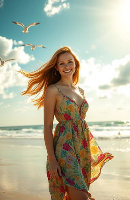 A breathtaking high-definition portrait of a charming young woman with long, flowing auburn hair, standing confidently on a sunlit beach