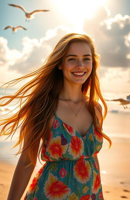 A breathtaking high-definition portrait of a charming young woman with long, flowing auburn hair, standing confidently on a sunlit beach