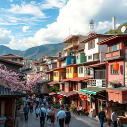 A vibrant and dynamic depiction of a favela uniquely located in Japan, showcasing an eclectic mix of traditional Japanese architecture and the informal, colorful buildings typical of a favela