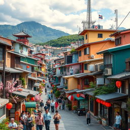 A vibrant and dynamic depiction of a favela uniquely located in Japan, showcasing an eclectic mix of traditional Japanese architecture and the informal, colorful buildings typical of a favela