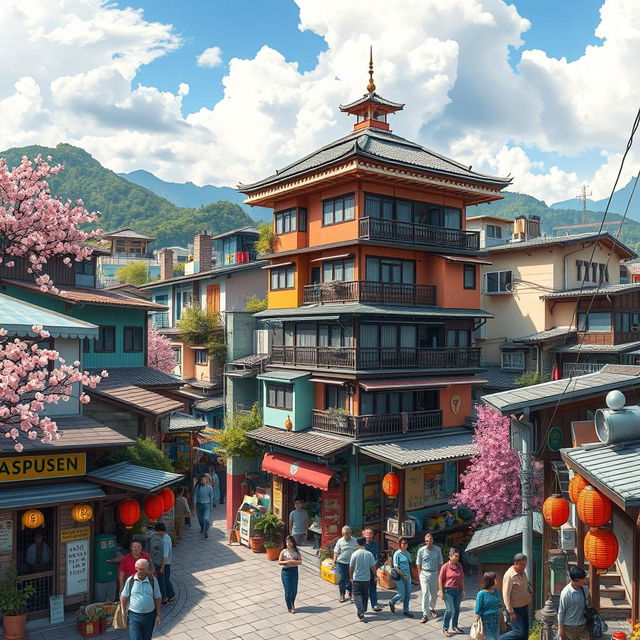 A vibrant and dynamic depiction of a favela uniquely located in Japan, showcasing an eclectic mix of traditional Japanese architecture and the informal, colorful buildings typical of a favela