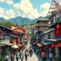 A vibrant and dynamic depiction of a favela uniquely located in Japan, showcasing an eclectic mix of traditional Japanese architecture and the informal, colorful buildings typical of a favela