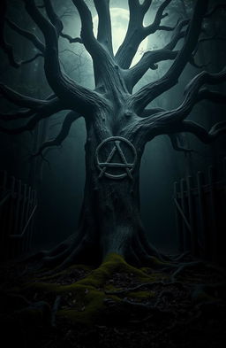 A dark, eerie forest illuminated by the soft glow of moonlight breaking through thick, ominous trees