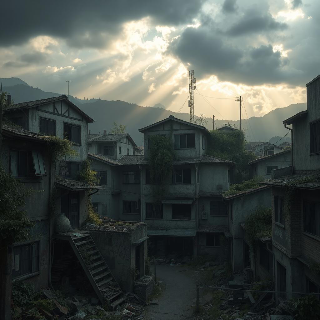 A haunting yet beautifully detailed depiction of a ruined favela in Japan, showcasing crumbling buildings with elements of traditional Japanese architecture intertwined with the informal structures typical of a favela