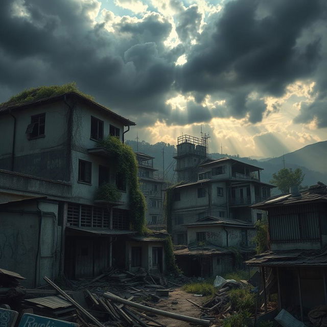 A haunting yet beautifully detailed depiction of a ruined favela in Japan, showcasing crumbling buildings with elements of traditional Japanese architecture intertwined with the informal structures typical of a favela