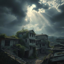 A haunting yet beautifully detailed depiction of a ruined favela in Japan, showcasing crumbling buildings with elements of traditional Japanese architecture intertwined with the informal structures typical of a favela