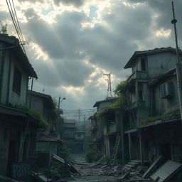 A haunting yet beautifully detailed depiction of a ruined favela in Japan, showcasing crumbling buildings with elements of traditional Japanese architecture intertwined with the informal structures typical of a favela