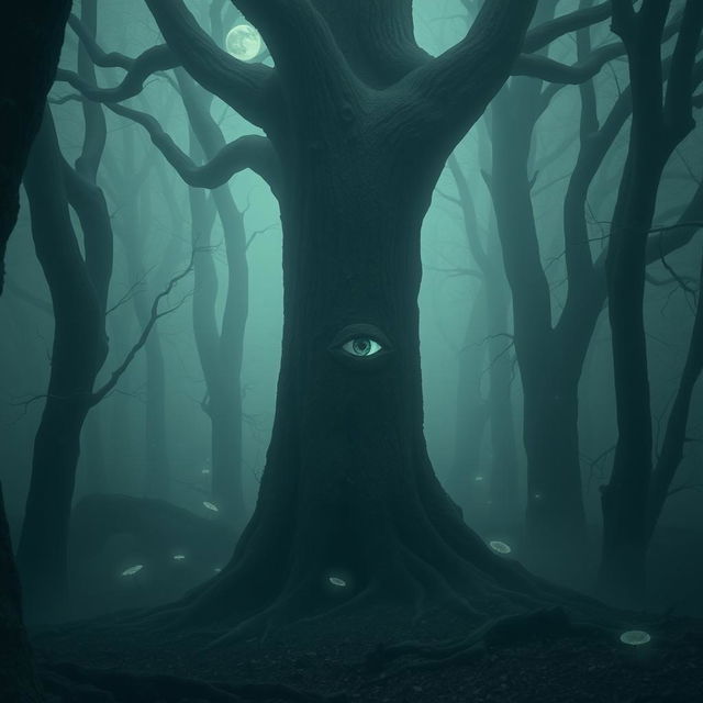 A haunting forest shrouded in mist, where the thick trunks of ancient trees create a sense of foreboding