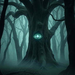 A haunting forest shrouded in mist, where the thick trunks of ancient trees create a sense of foreboding