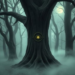 A haunting forest shrouded in mist, where the thick trunks of ancient trees create a sense of foreboding
