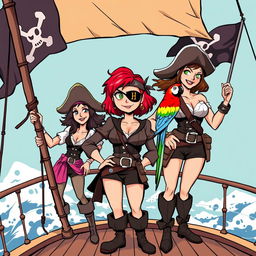 Three fierce yet demure female pirates standing on the deck of a ship at sea, fully clothed in authentic pirate attire that reflects their bold personalities