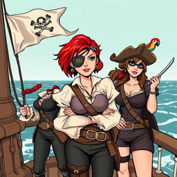 Three fierce yet demure female pirates standing on the deck of a ship at sea, fully clothed in authentic pirate attire that reflects their bold personalities