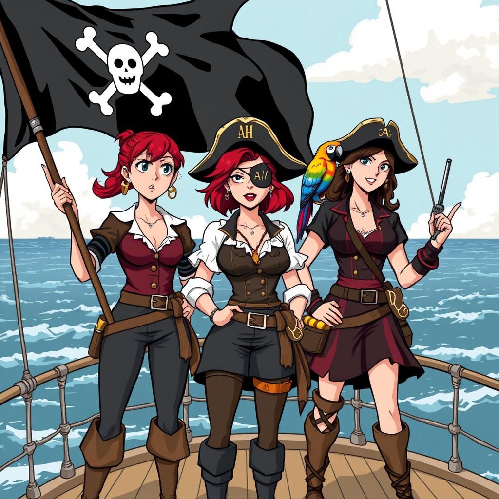 Three fierce yet demure female pirates standing on the deck of a ship at sea, fully clothed in authentic pirate attire that reflects their bold personalities