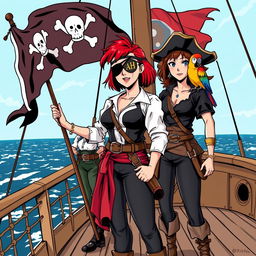 Three fierce yet demure female pirates standing on the deck of a ship at sea, fully clothed in authentic pirate attire that reflects their bold personalities
