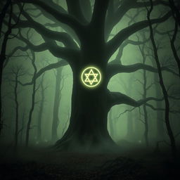 A haunting forest enveloped in a dense, swirling fog, creating an atmosphere of mystery and intrigue