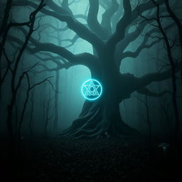 A haunting forest enveloped in a dense, swirling fog, creating an atmosphere of mystery and intrigue