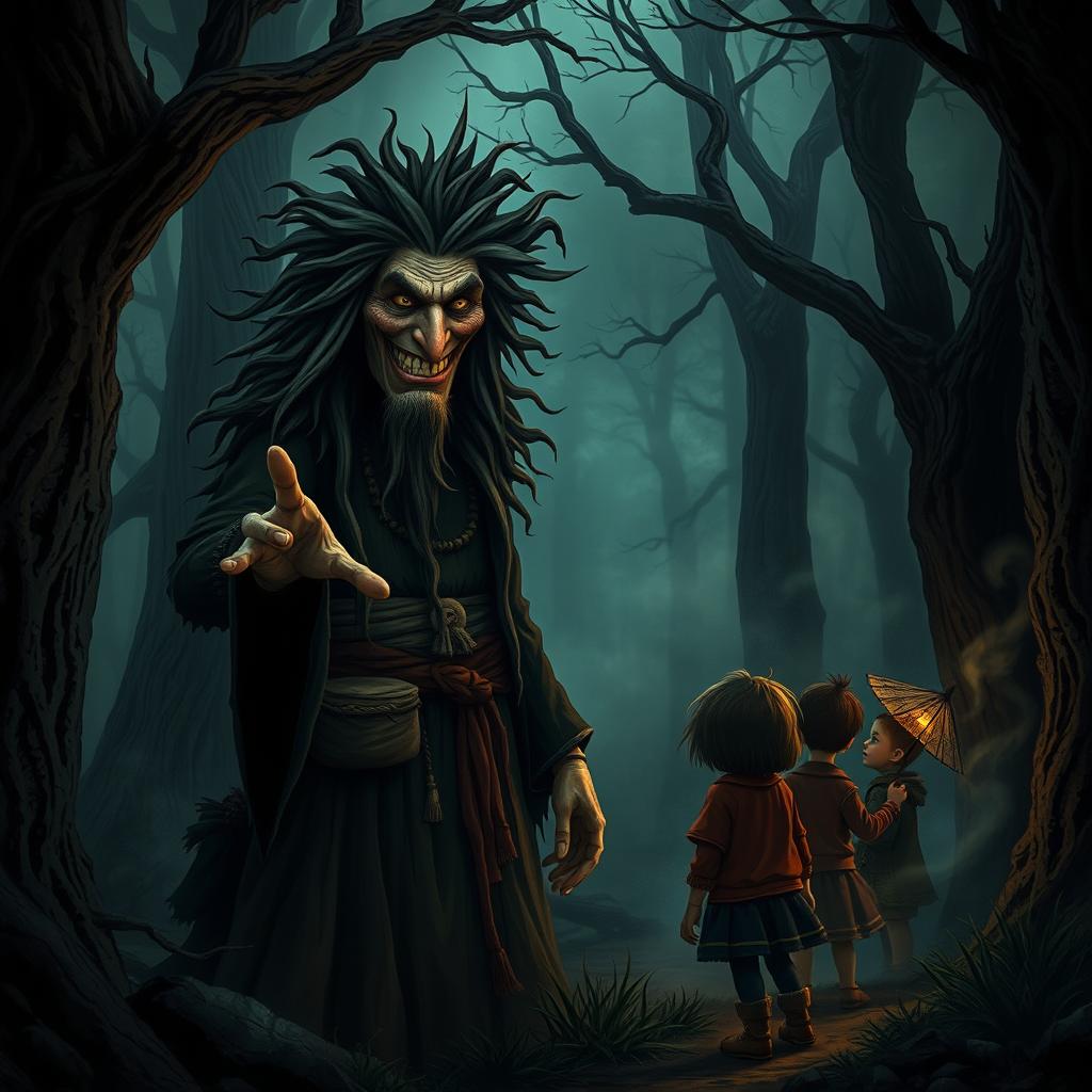 A dark and atmospheric forest scene showcasing Baba Yaga, the traditional Slavic witch