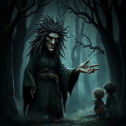 A dark and atmospheric forest scene showcasing Baba Yaga, the traditional Slavic witch