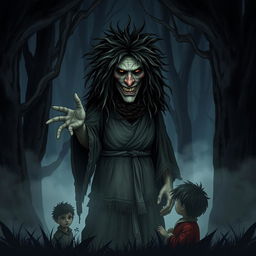 A dark and atmospheric forest scene showcasing Baba Yaga, the traditional Slavic witch