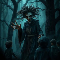 A dark and atmospheric forest scene showcasing Baba Yaga, the traditional Slavic witch