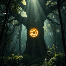 A haunting yet softly illuminated forest filled with ethereal light filtering through leafy treetops